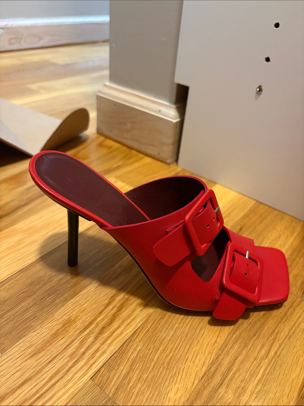 STAUD Red Double-Buckle Stiletto Mule